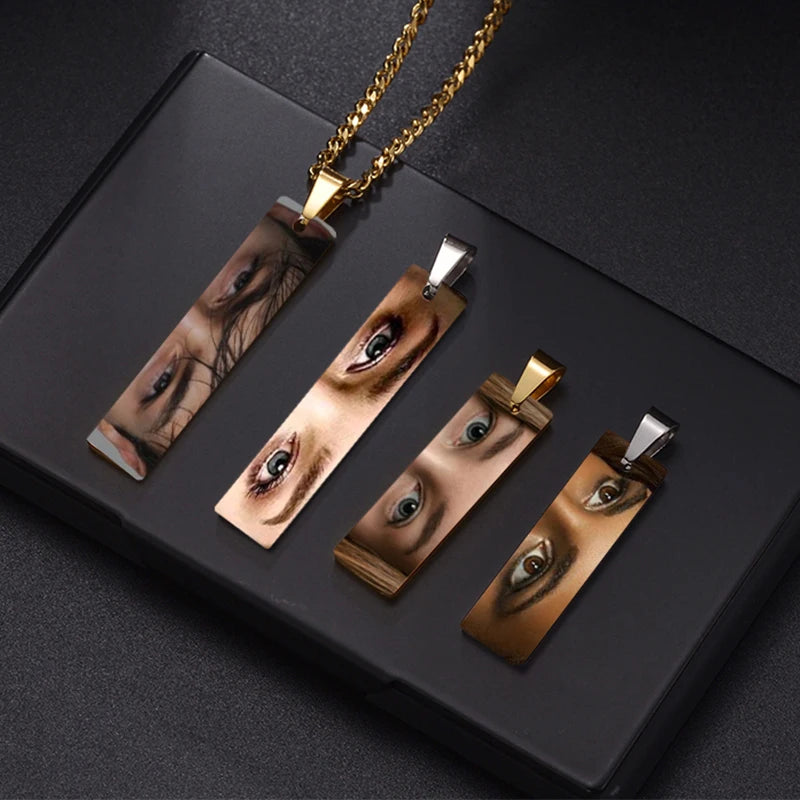 Goxijite Engrave Color Eyes Picture Necklace Thick Chain Stainless Steel Glossy Bar Custom Pendant Men Women Commemorative Gift